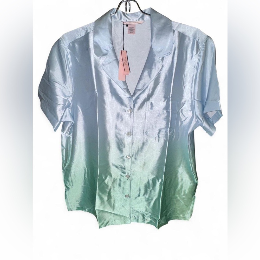NWT Victoria's Secret Blue & Green Ombre Satin Button Up Pajama Set, Size Small